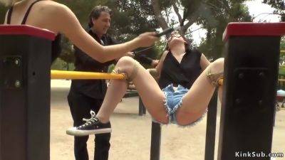 Mona Wales, Juliette March And Steve Qute - Steamy Slaves Disgraced In Public Park Gym - hclips.com