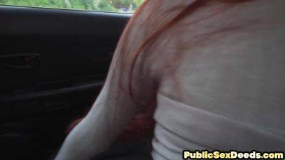 Redhead driving babe fucked outdoor in car in driving tutor - txxx.com