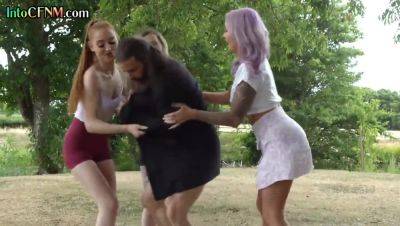 CFNM outdoor British babes wank cock in group HJ action - hotmovs.com - Britain - British