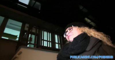 Sexy glasses-wearing babe pounded on public stairwell for cash - sexu.com