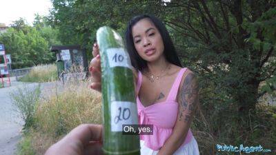 Asian hottie gets her pussy stretched by a cucumber for a public POV test - sexu.com - France - Asian