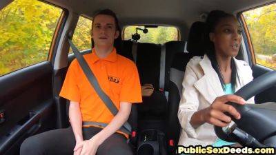 Ebony driving student fucked outdoor in car by her tutor - hotmovs.com
