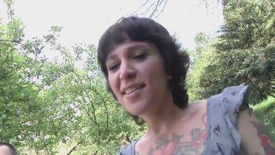 Tattooed Brunette Gets Spitroasted At Outdoor Sex Audition - hotmovs.com